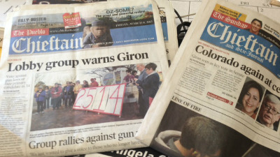 Recent front pages of the Pueblo Chieftain featuring Sen. Angela Giron. Via FOX31