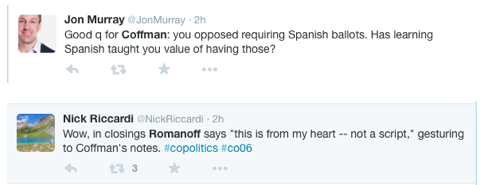 Denver Post reporter Jon Murray, top, and Associated Press reporter Nick Riccardi Tweeting during yesterday's debate.