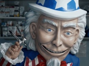 Creepy Uncle Sam holding a speculum.