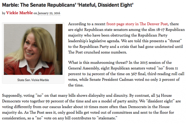 Screen shot of opening paragraphs of Sen. Vicki Marble's op-ed in the Colorado Statesman