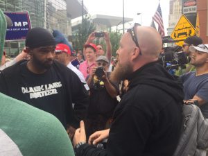 Pro and anti-Trump protesters mingle.