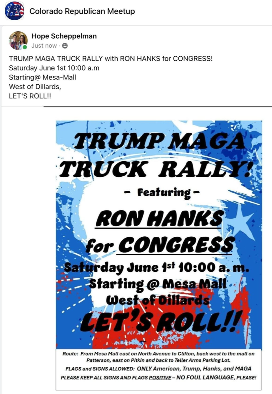 “Let’s Roll!” Colorado GOP Promotes Ron Hanks’ MAGA Truck Rally